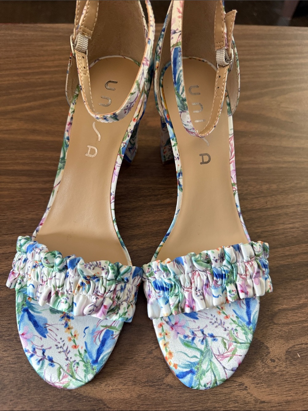 Unisa Floral Ruched Strap Heeled Sandals in Blue, Green, Pink
